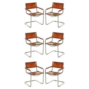 SIX RESTORED VINTAGE BROWN LEATHER MARCEL BREUER B34 FASEM DINING ARMCHAIRS 6 - Picture 1 of 12