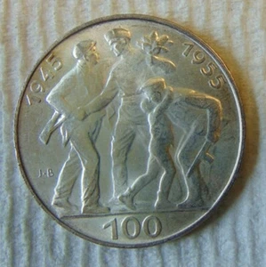CZECHOSLOVAKIA 1955 100 KORUN .900 SILVER COIN ~ LOW MINTAGE 10 YRS. LIBERATION - Picture 1 of 2