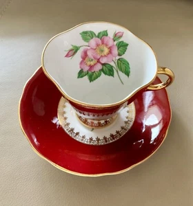 Windsor Bone China England Footed Tea Cup & Saucer Set Burgundy Gold Rose - Picture 1 of 15