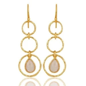 18k Yellow Gold Plated Sterling Silver Triple Round Cut Dangle Moonstone Earring - Picture 1 of 3