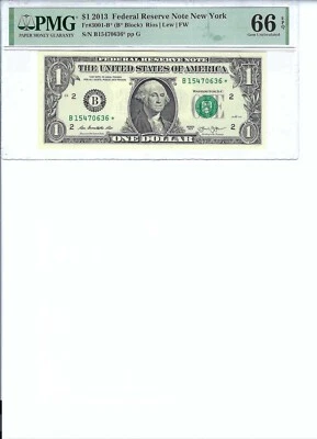 2013 $1 FRN FR3001-B* PMG 66 Gem UNC EPQ, New York * Note S/N B15470636*!!! - Image 1 of 2
