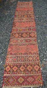 Tappeto runner vintage turco Kilim Balya fatto a mano 144" x 29" - Foto 1 di 11