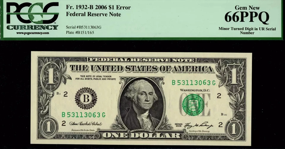 $1 2006 FRN Turned Digit Error in UR Serial Number Cheap PCGS Gem New 66PPQ - Image 1 of 1
