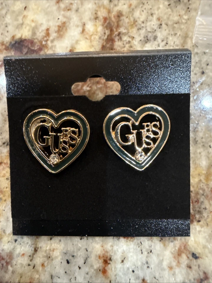 Guess Jewelry Gold Stud Earrings Heart Shape Emerald Green Enamel  - Image 1 of 3