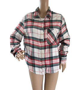 Aerie Pajama Top Womens S/P Plaid Button Up White Green Red Christmas PJ Comfy - Picture 1 of 5