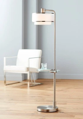 Vogue Modern Floor Lamp Tray Table 60" Tall Brushed Nickel USB Port Living Room - Image 1 of 4