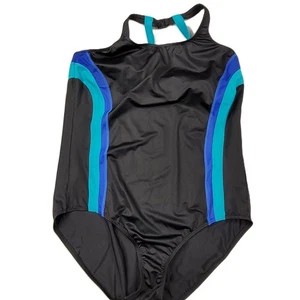 Traje de baño Lands End 1 pieza (20 W) negro a rayas laterales correa para el cuello-clip nailon/lastol - Imagen 1 de 6