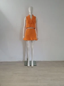 Zara (S) Orange Skirt Suit UK 8 10 EU 36 38 Co-Ord Boucle Tweed Waistcoat Skirt - Picture 1 of 14