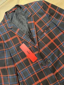 HUGO Hugo Boss Blazer Mens 44R Black Red Blue Plaid Tartan 2 Button Notch Lapel - Picture 1 of 10