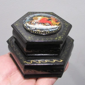 Antique Russian Black Lacquer Trinket Box Double Hinged - Picture 1 of 8