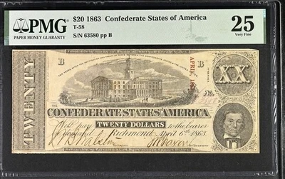 T-58 1863 Confederate States $20 Civil War Obsolete Banknote Currency PMG 25 - Image 1 of 2