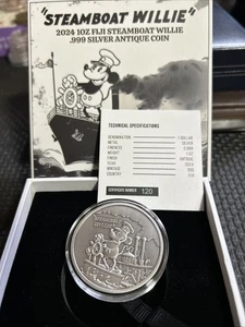 2024 Fiji 1 oz SIlver Antiqued Steamboat Willie with Mintage of only 300 - Picture 1 of 5