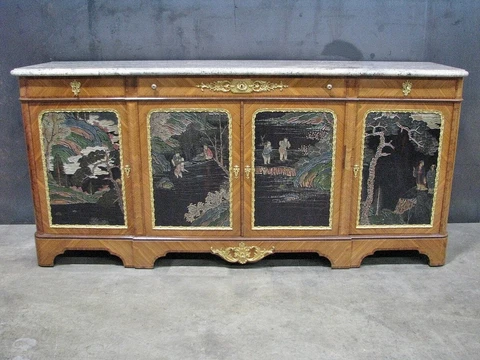 Antique Louis XV Transitional Kingwood Asian Buffet Coromandel Doors Granite Top Cover
