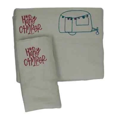 POSH HOME RV/Camper Microfiber Embroidered Sheet Set Grey/Teal, "Happy Camper" Choose Size