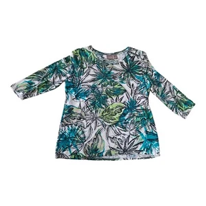 Chico's Women Top Green Leaf Print Stretch V-Neck Short Sleeve Sz 1 - Picture 1 of 8
