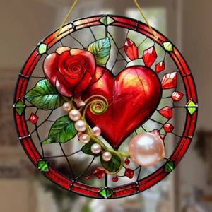 SUNCATCHER - Romantischer Sonnenfänger mit rotem Herz und Rosen, 8,7''x8,4'', doppelseitig - Bild 1 von 5