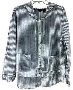 Tahari Sz L Hooded Jacket Denim Coastal Blue White 100% Linen Top Pockets - Picture 1 of 8