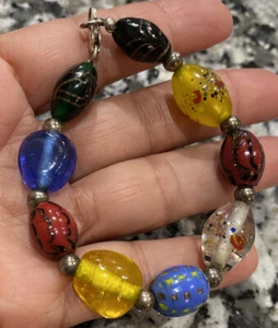 6.5”, 925 Sterling silver circle bracelet w/ artisan colorful glass beads - Picture 1 of 6