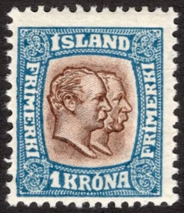 ICELAND 1907-08, SC-83, F MH* 1 Krona, P-13, Wmk 113 cv $32.50 *Bay Stamps* - Picture 1 of 2