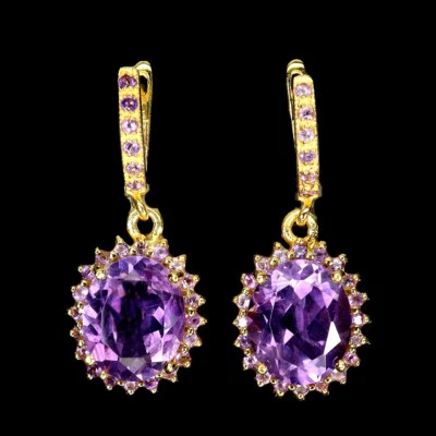 925 Sterling Silver Earrings Oval Amethyst 12x10mm Natural Gemstone Jewelry - Image 1 of 4