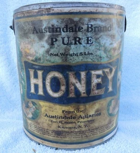 VINTAGE HONEY TIN PAPER LABEL KANONA N.Y. 5lb. AUSTINDALE APIARIES SHABBY CHIC - Picture 1 of 7