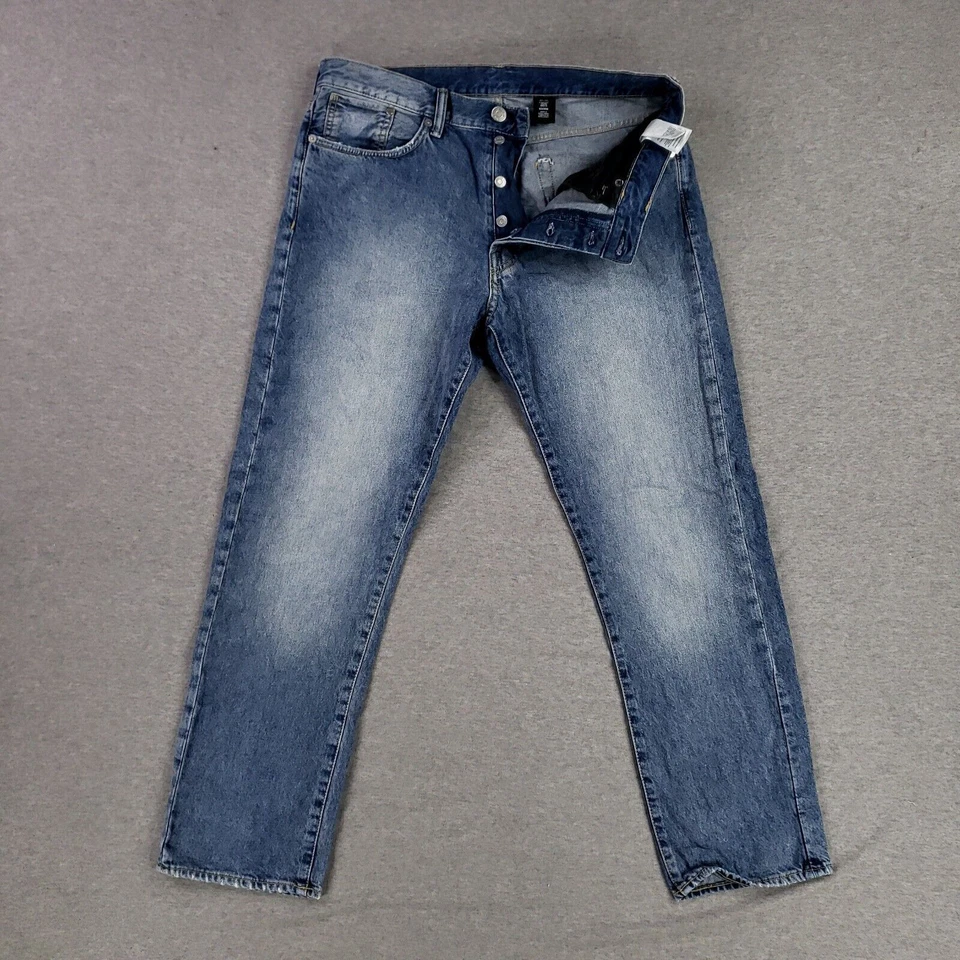 H&M Straight Fit 33x30 Button Fly Blue Jeans Classic Denim Faded Look Wash - Image 1 of 4