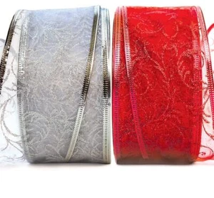 Christmas Ribbon Set Red & Silver Wire Organza 50 Yards for Gift Wrap & Crafts - Picture 1 of 5