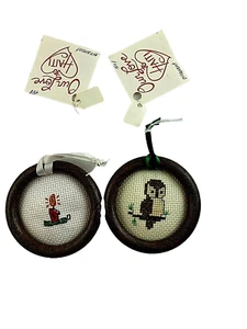 Set 2 Vintage 1968 Christmas Cross Stitch Ornament Owl & Candle Handmade - Picture 1 of 3