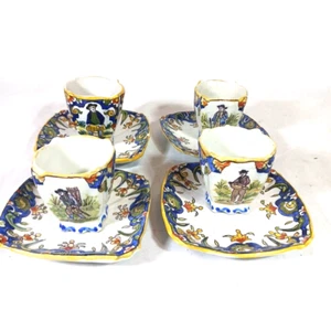 Antike französische Fayence bretonischer Mann Portrait Demitasse Teetasse und Untertasse 4er Set - Bild 1 von 15