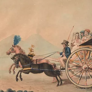 Gouache Napolitaine encadrée XIXe Siècle 1847 corricolo calèche Italie - Foto 1 di 5