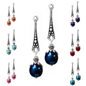 Earrings Silver teardrop and Pearl, 16 color choice and clip on or pierced - Picture 1 of 18