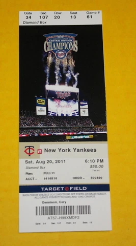 Minnesota Twins Ticket Stub | August 20 2011 | Andruw Jones HR Robinson Cano Hit Cover