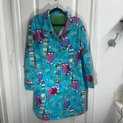 Nick & Nora Size XXL Nightgown Fleece Teal with Pink Owls Perched Long Sleeve - Image 1 of 3