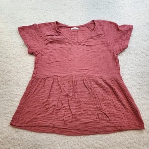 Maurices Y2K Babydoll Short Sleeve M Pink Button Bck Vneck 100% Cotton Texture - Picture 1 of 8