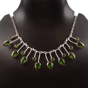 925 Sterling Silver Rose Cut Green Peridot Gemstone Handmade Jewelry Necklace - Picture 1 of 3