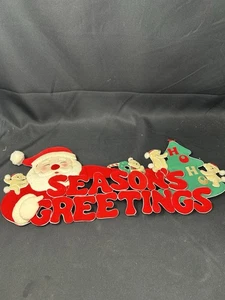 Vintage Season’s Greetings Hanging Sign Santa Claus Reindeer Sleigh - Picture 1 of 10
