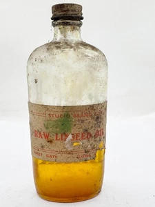VINTAGE RAW LINSEED OIL STUDIO BRAND GLASS BOTTLE ARTISTS PAINTING SUPPLIES - Foto 1 di 8