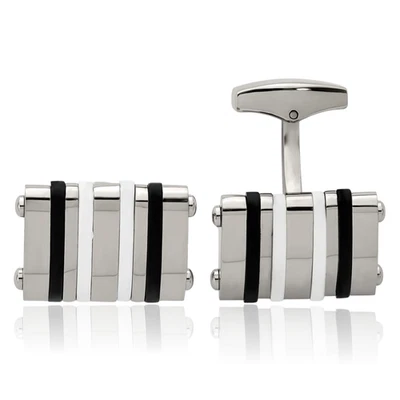 Conjunto de abotoaduras masculinas de aço inoxidável preto e branco borracha - Imagem 1 de 4