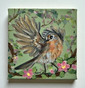 ORIGINAL Robin bird painting on canvas by artist, me! - Picture 1 of 7