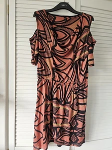 New NEXT Summer Dress Size 16. Cold Shoulder Sleeves. Burnt Orange & Black - Picture 1 of 10