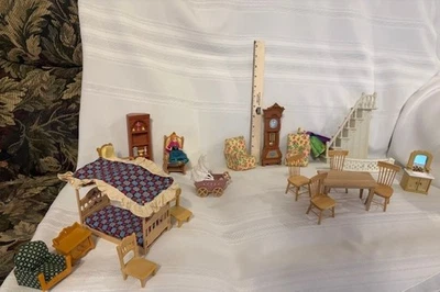 PRICE DROP Epoch Tomy & WOODEN Dollhouse Miniatures LOT Furniture Pram Canopy - Image 1 of 4