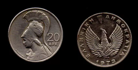 Greece. 20 drachmas Coin 1973 L@@K, Goddess Athena Phoenix, Greek Military JUNTA Cover