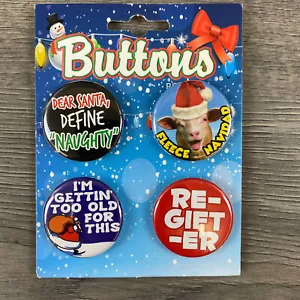 Christmas Holiday Funny 4 Mini Buttons Set Regifter Fleece Navidad Etc - Picture 1 of 8