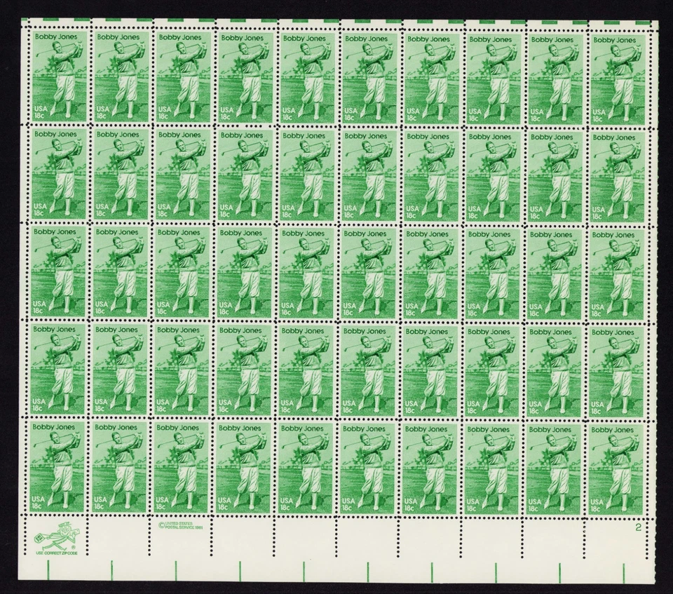 1981 US SC 1933 18c Bobby Jones, Golfer Full Sheet of 50 - MNH - Image 1 of 2
