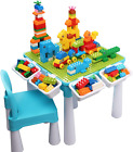 5in1 Kids Activity Table Set 128 Brick Pieces 1 Chair Large Building Block Table