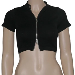 Short Sleeve two-way Zip Front Crop Top black NWT - Picture 1 of 8