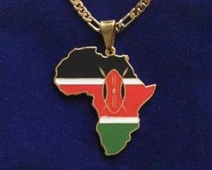 Kenya Pendant Necklace, Gold Stainless Steel, flag Africa map metal enamel chain - Imagen 1 de 2