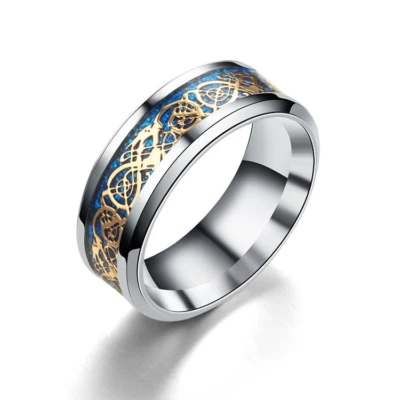 8 mm Stainless Steel Silver Dragon Gold Blue Inlay Engagement Ring Sizes 7 - 12 - Image 1 of 3