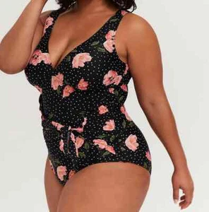 Torrid Floral & Polka Dot Tie Front Wireless One Piece Swimsuit Black 4X #02100 - Picture 1 of 4