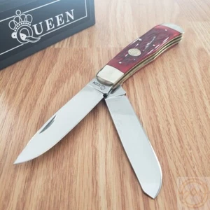 Queen Big Boy Trapper Pocket Knife 1095 Steel Blades Red Jigged Bone Handle 7555 - Picture 1 of 16